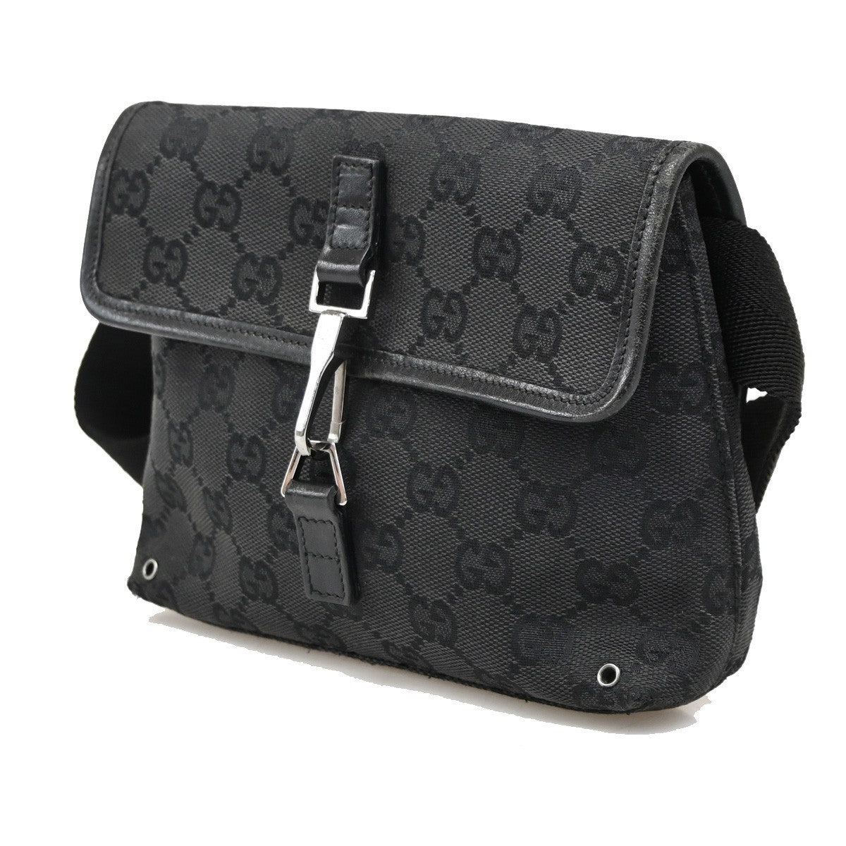 GUCCI GG Pattern Mini Belt Bag Waist Pouch Canvas Black SHW Italy 36DA132