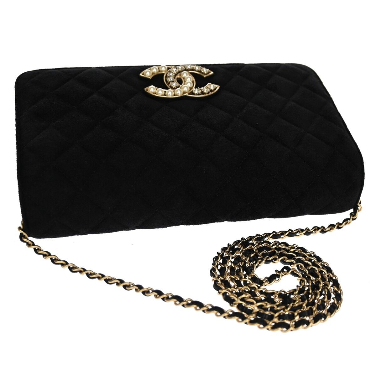 CHANEL CC Logo Matelasse Chain Shoulder Bag Suede BK Rhinestone Pearl 770RJ051