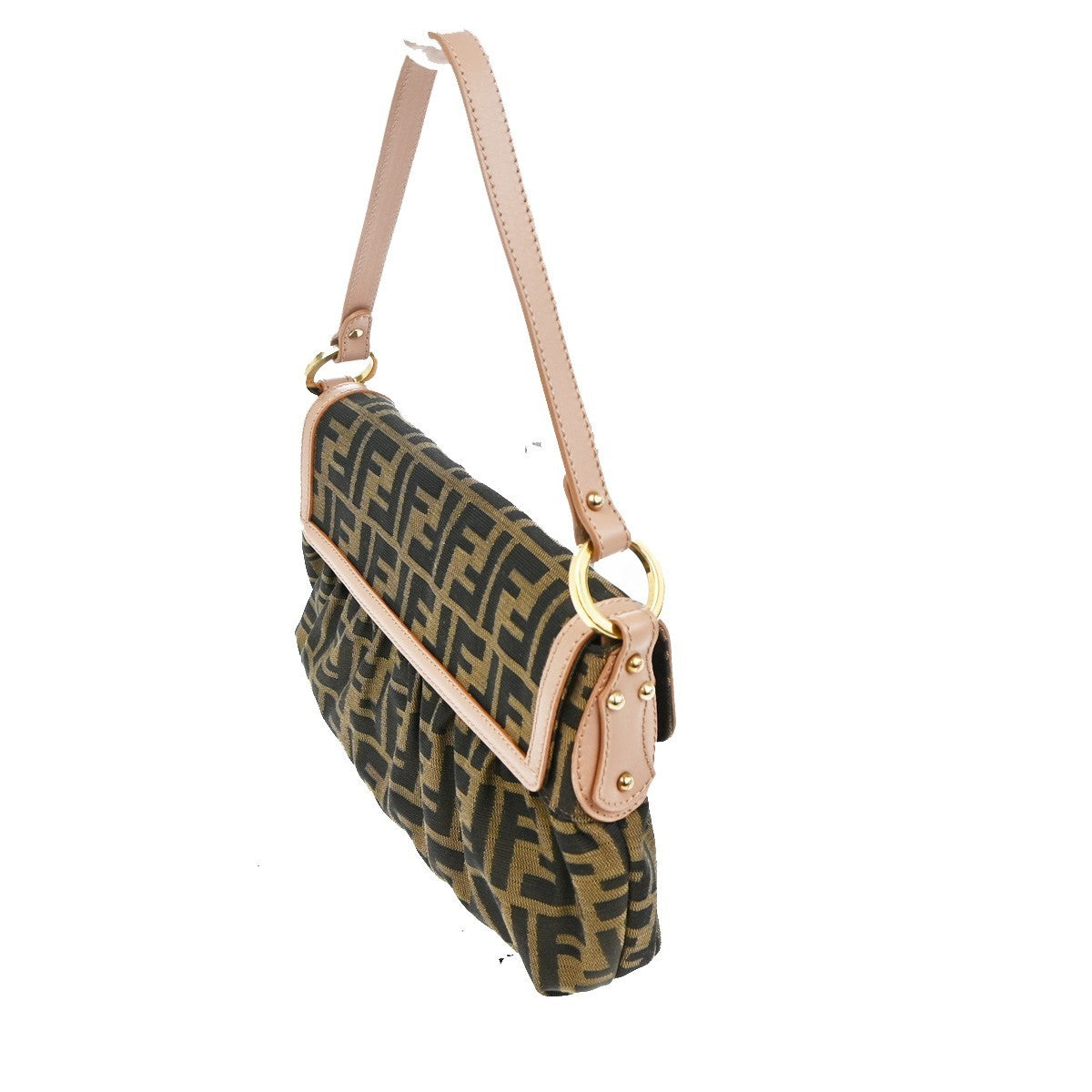 FENDI Logo Mamma Zucca Pattern Shoulder Bag Canvas Leather Brown Pink 46TA511