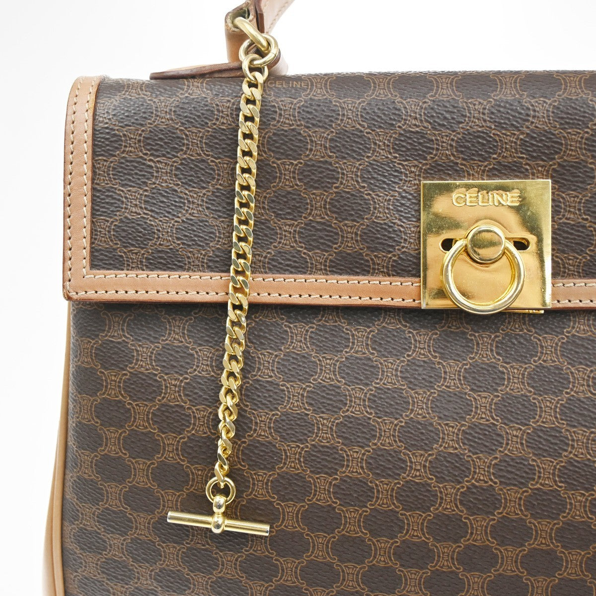 CELINE Logo Macadam Pattern Flap Hand Bag PVC Leather Brown GHW Italy 38MA206