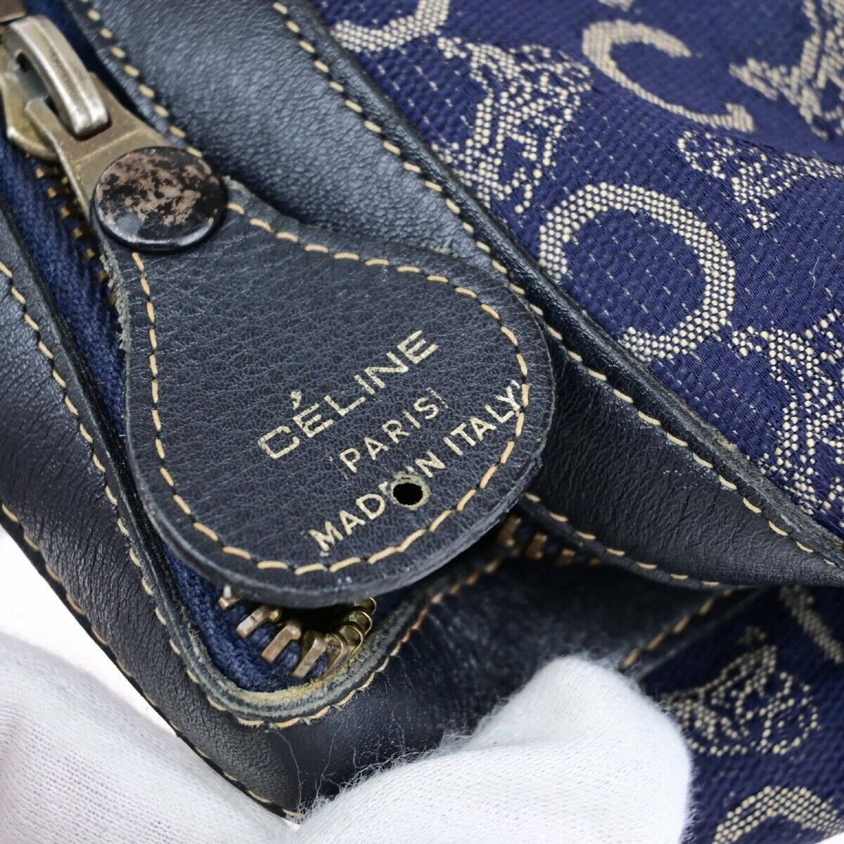 CELINE C Macadam Hand Bag Canvas Leather Navy Blue Made in Italy 02EB412