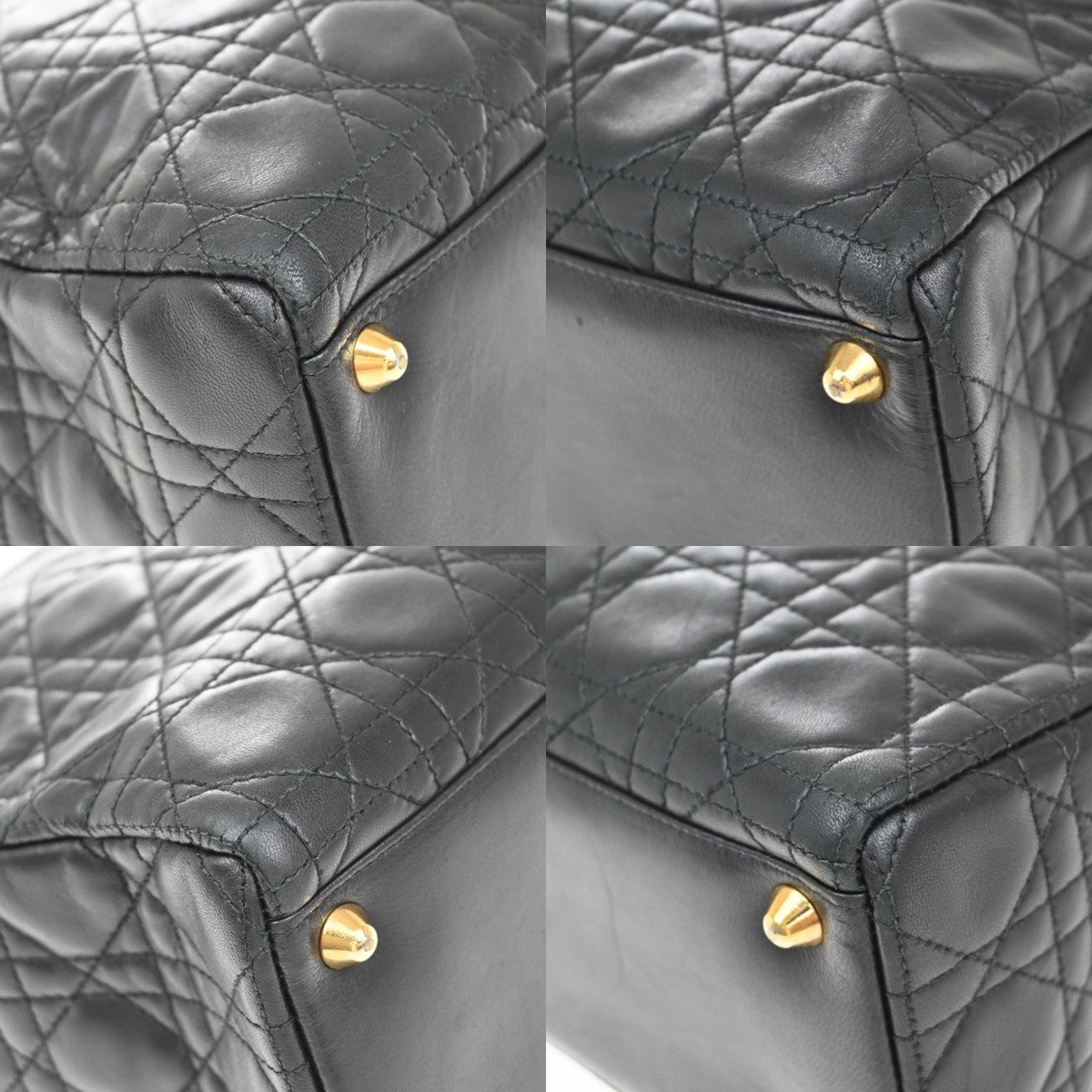 CHRISTIAN DIOR Lady Cannage Hand Tote Bag Leather Black Gold Italy 46RF672