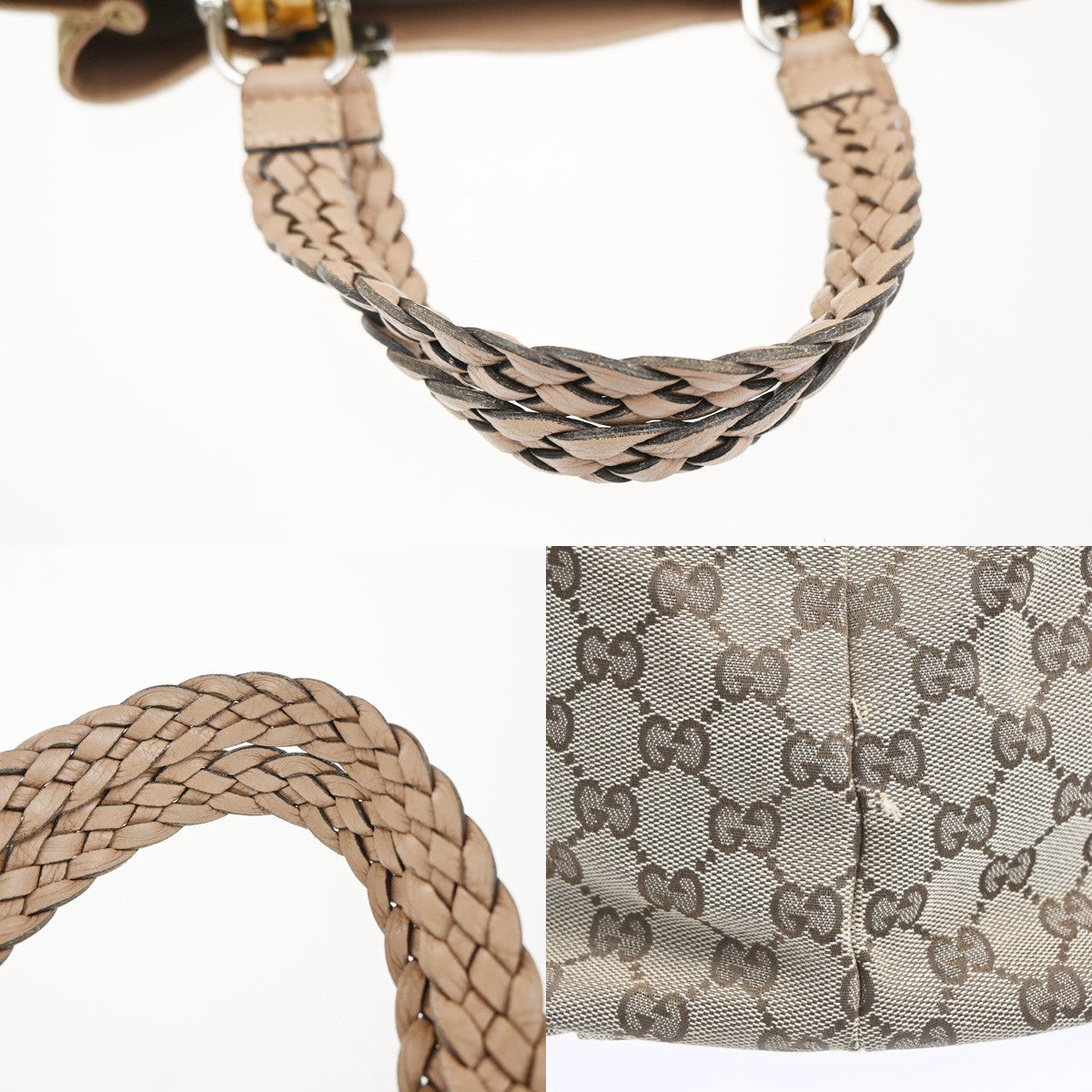 GUCCI Logo Bamboo GG Shoulder Hand Bag Canvas Leather Beige Pink Italy 32MA171