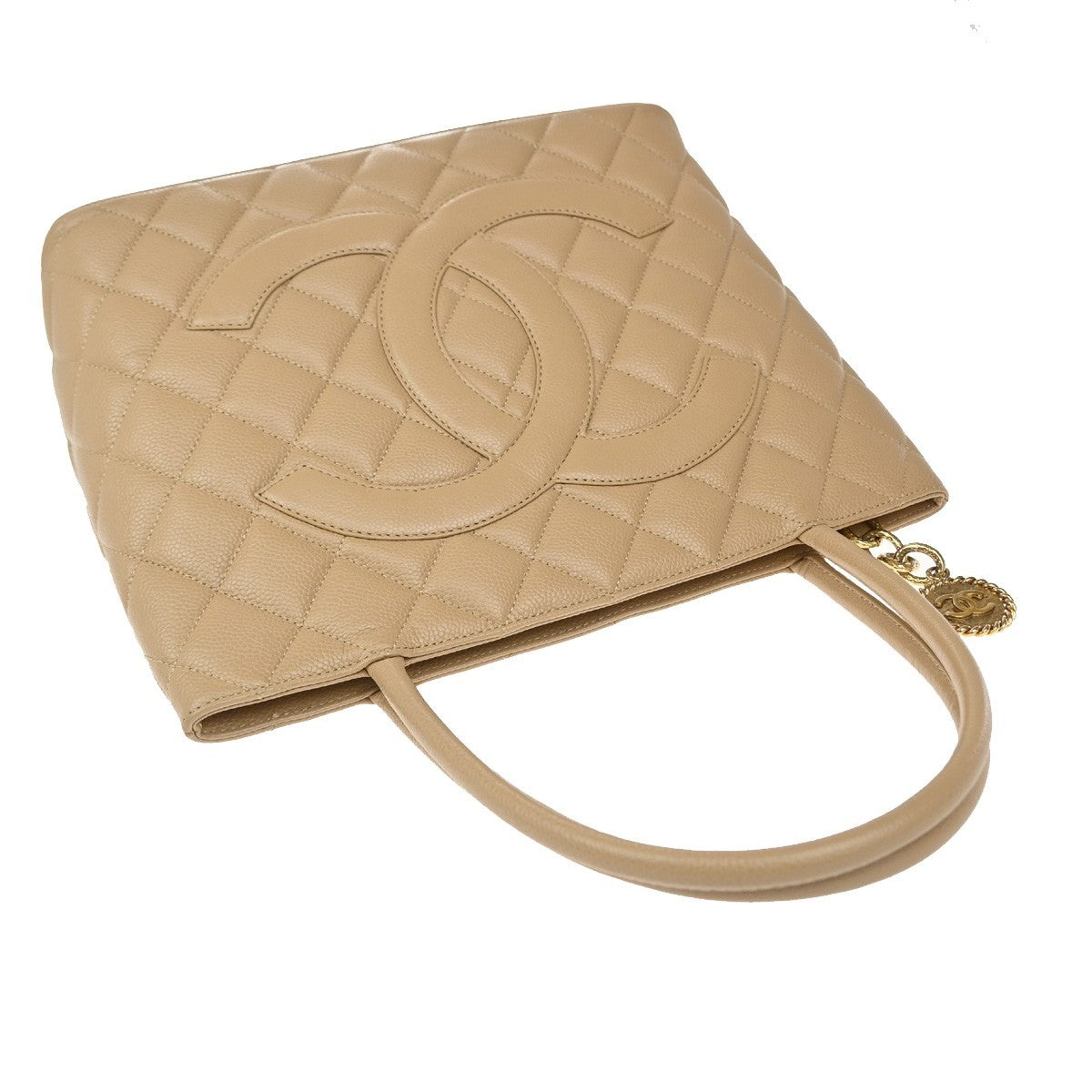 CHANEL Medallion Matelasse Shoulder Bag Grained Calfskin Leather Beige 648RF884