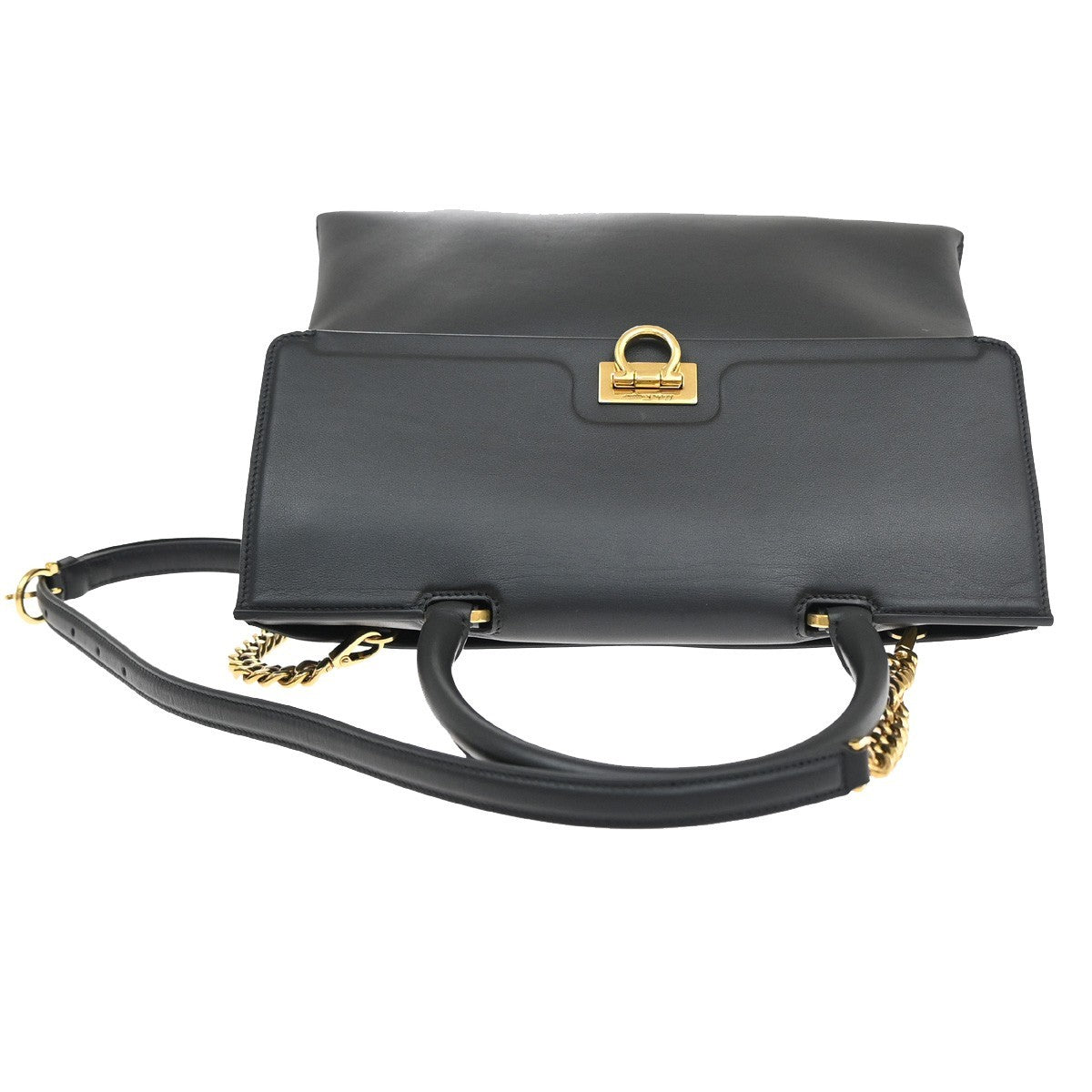 SALVATORE FERRAGAMO 2Way Gancini Shoulder Hand Bag Leather Black Gold 79RF484