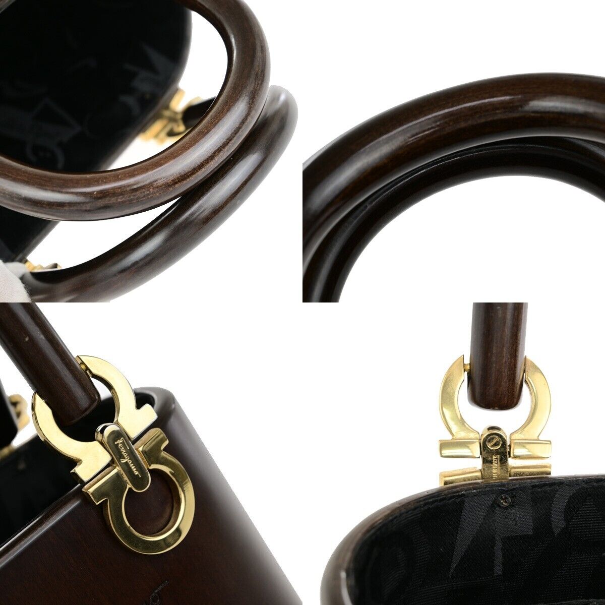 SALVATORE FERRAGAMO Logo Gancini Bucket Hand Bag Wood Leather Brown GHW 91EC722