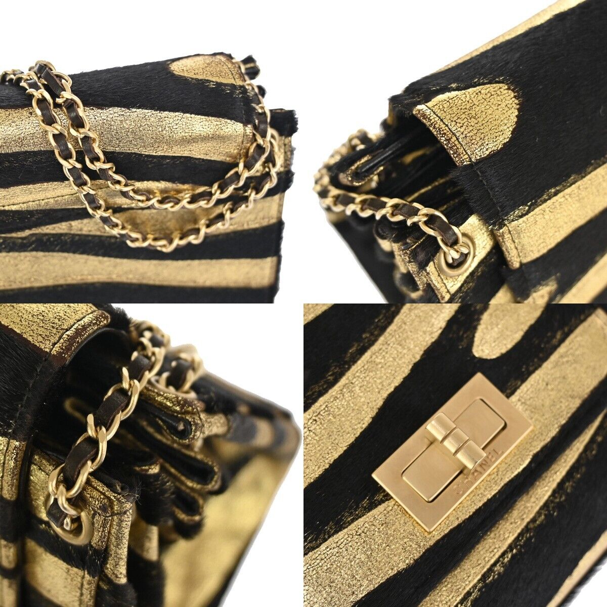 CHANEL 2.55 Zebra Chain Mini Hand Bag Fur Leather Black Gold France 629RH277