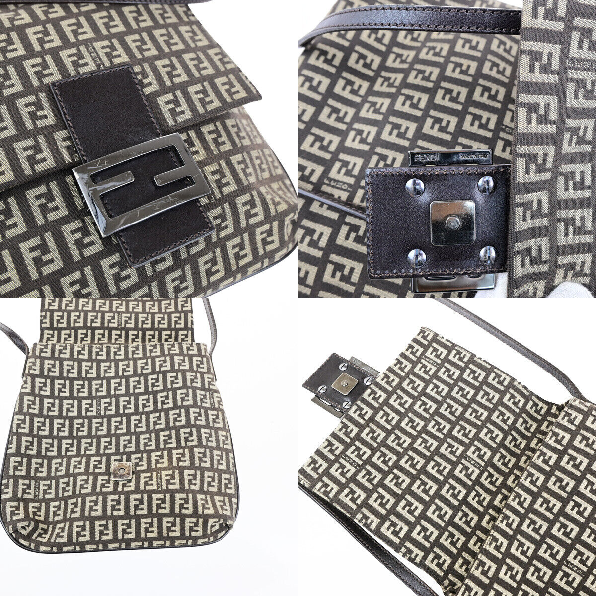 FENDI Logo Zucchino Shoulder Bag Canvas Leather Brown SHW Italy 70SJ496