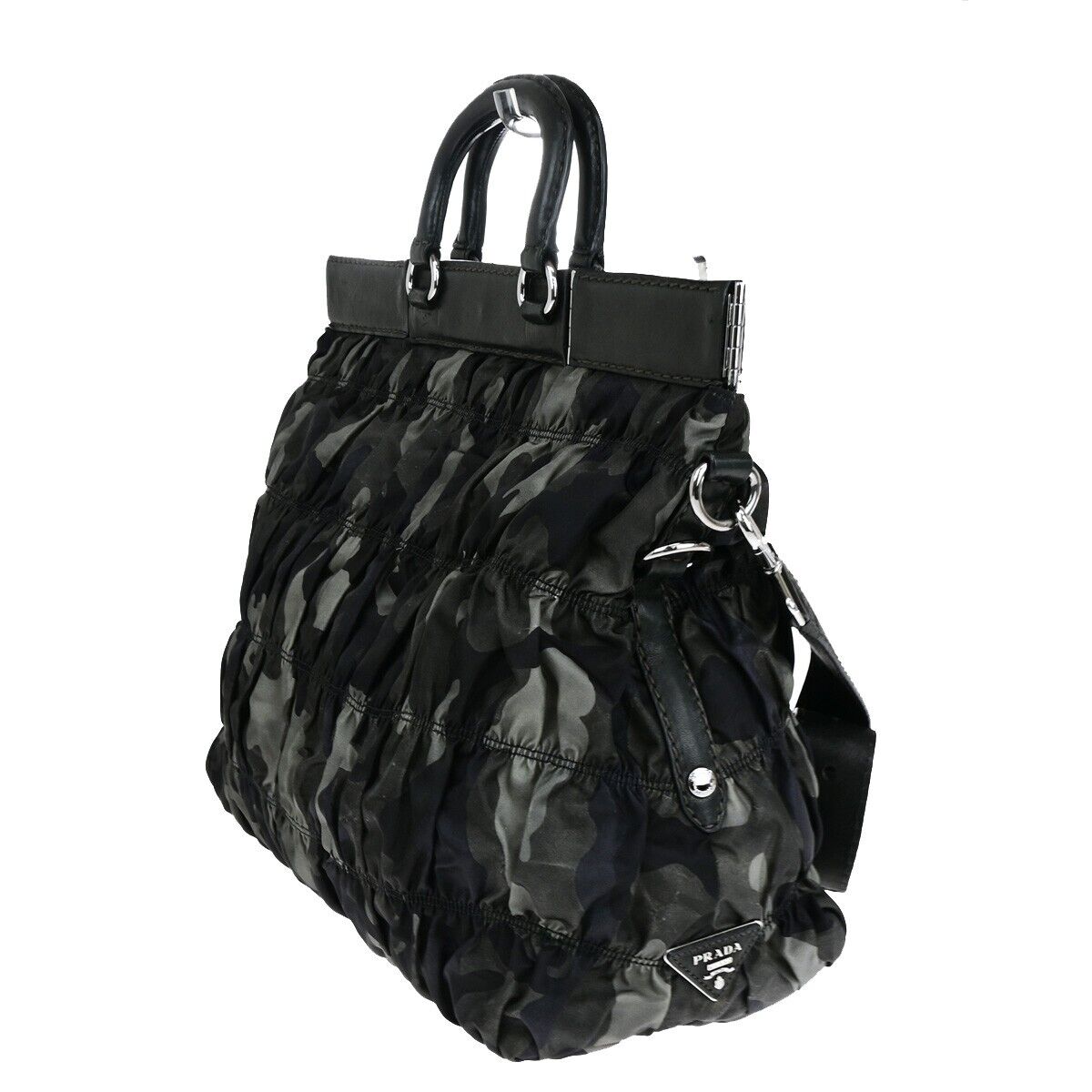 PRADA Logo 2Way Hand Shoulder Bag Nylon Leather camouflage Khaki silver 70SH963