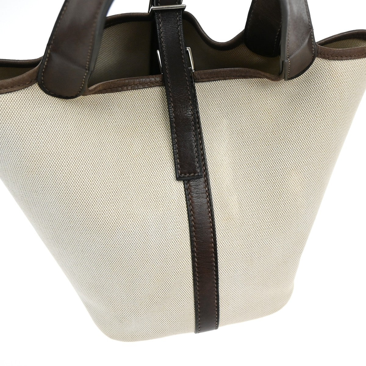 HERMES Logo Picotin 14 PM Hand Tote Bag Toile H Leather Brown SHW 689RL244