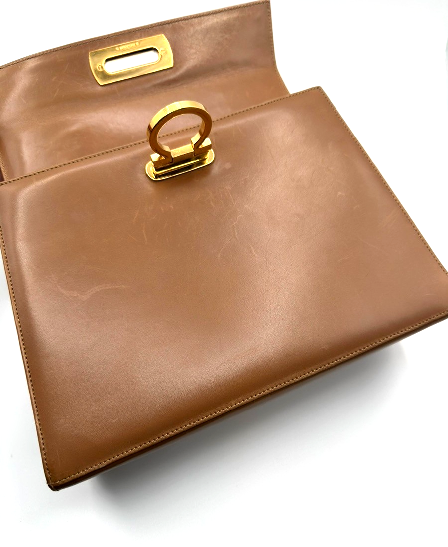 Salvatore Ferragamo Gancini Top Handle Bag Leather Brown GHW Italy 61CA782