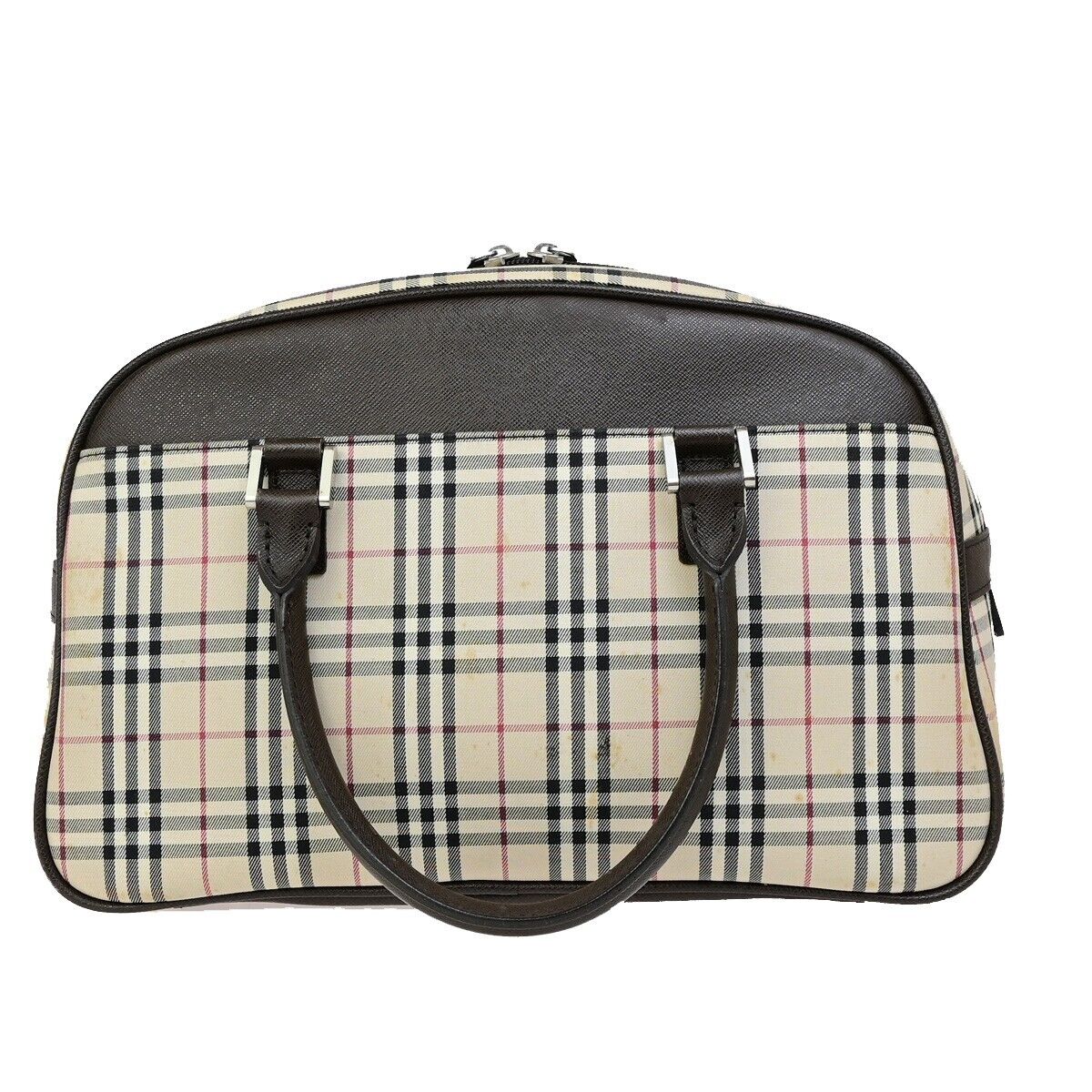 BURBERRY Logo Nova Check Hand Bag Canvas Leather Beige Brown Silver 63KA488