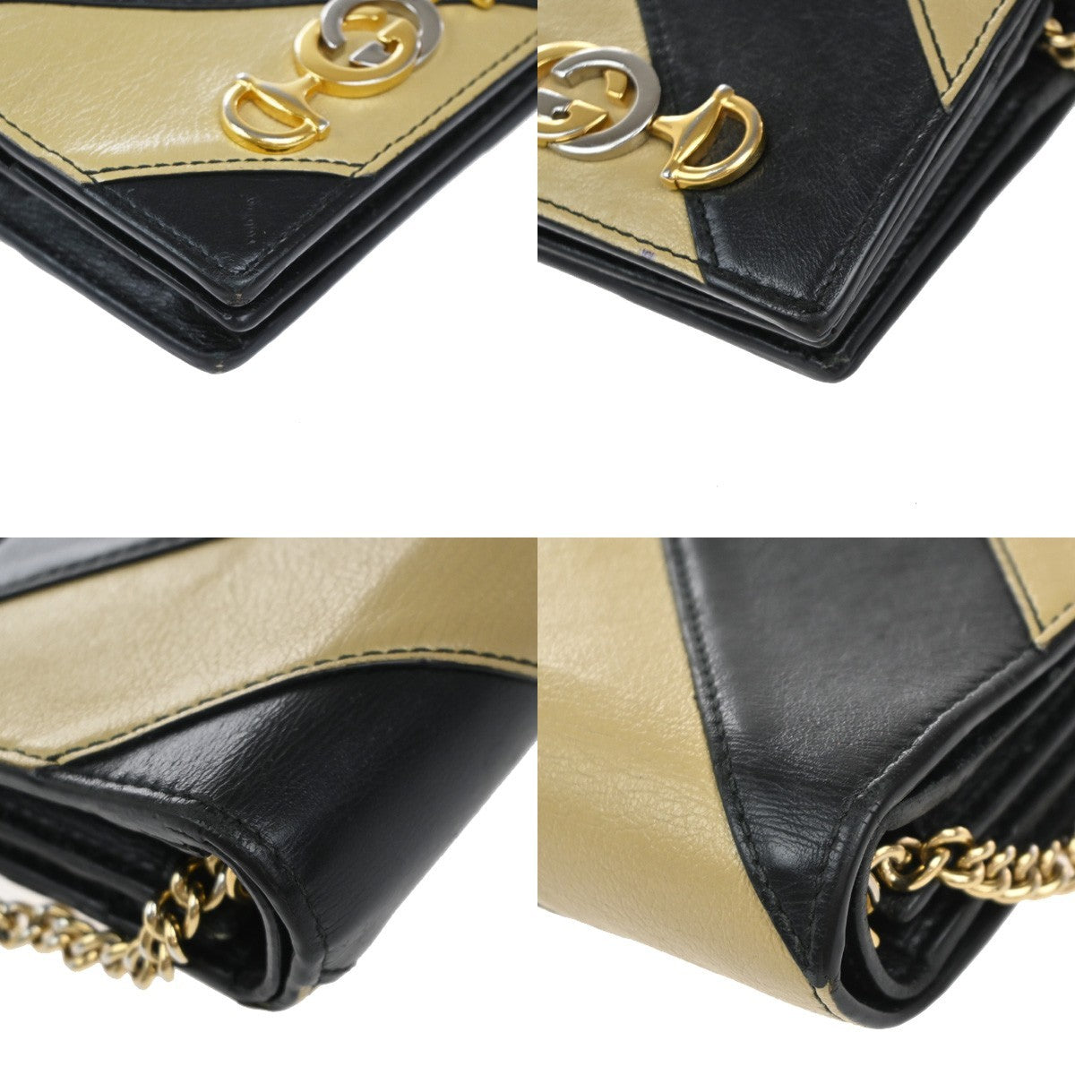 GUCCI GG Logo Zumi Chain Compact Wallet Leather Black Beige 60EG391