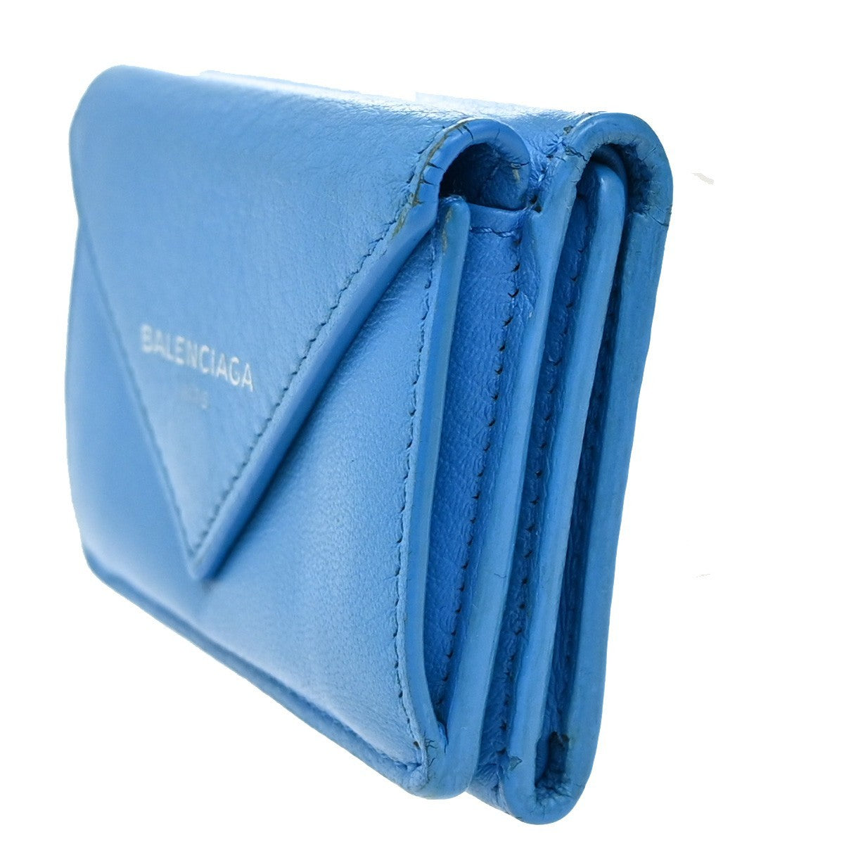 BALENCIAGA Logo Paper Mini Trifold Wallet Purse Leather Blue SHW Italy 68KB334