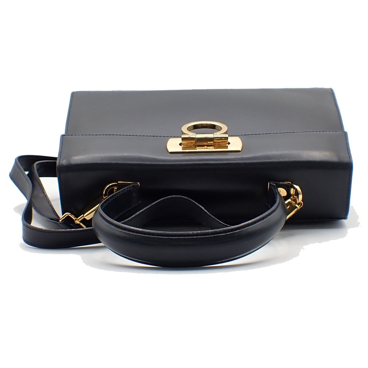 SALVATORE FERRAGAMO Gancini 2Way Shoulder Hand Bag Leather Navy Blue GHW 61AA155