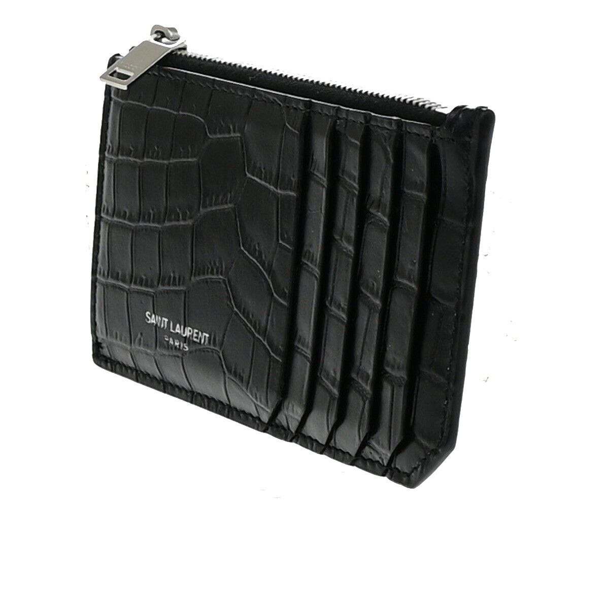 SAINT LAURENT Logo Compact Card Case Coin Wallet Embossing Leather Black 62EE084