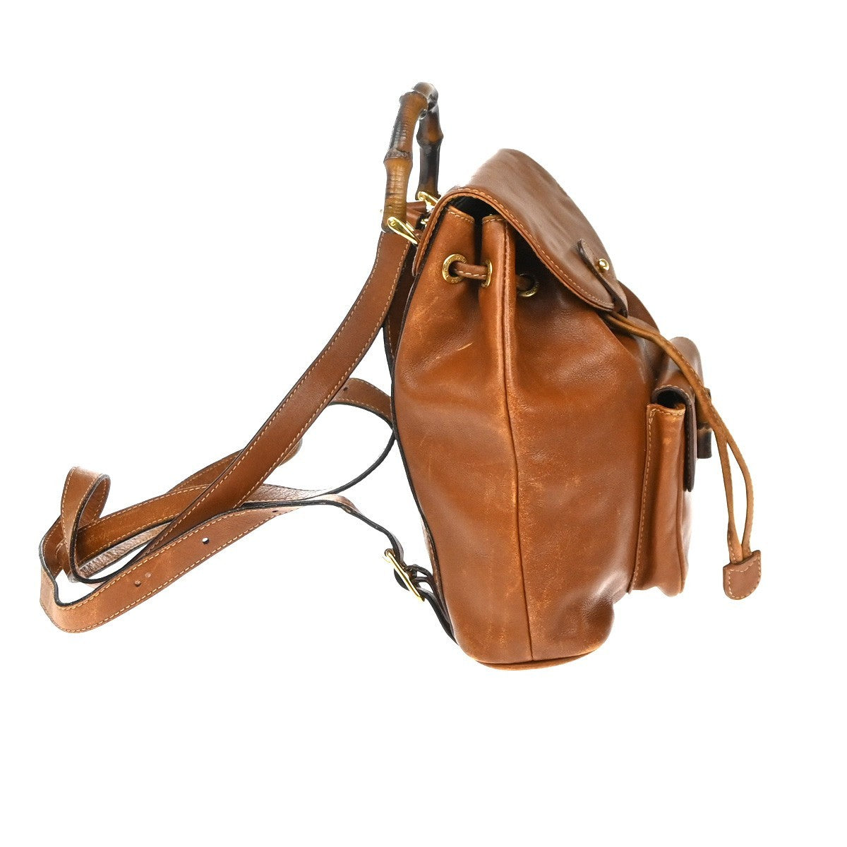 GUCCI Logo Bamboo Drawstring Mini Backpack Bag Leather Brown GHW Italy 64YH955