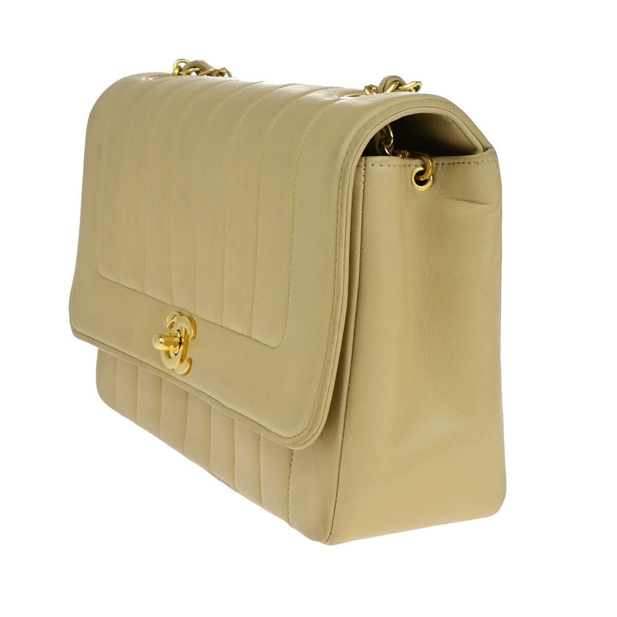 CHANEL CC Logo Mademoiselle Chain Shoulder Bag Leather Beige GHW France 373RK186
