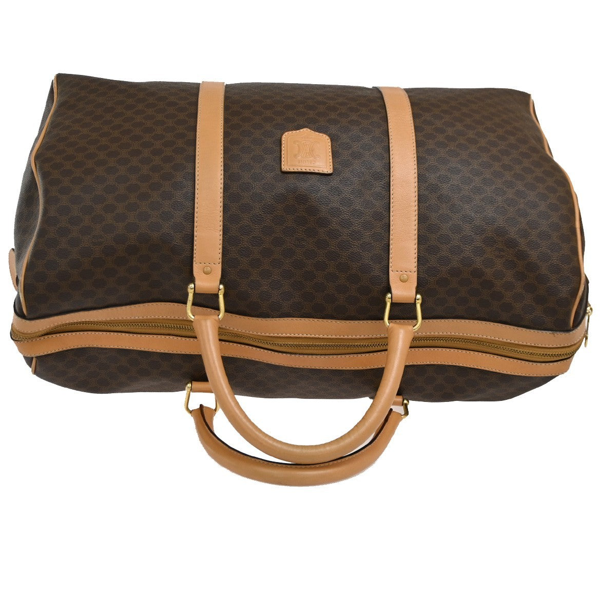 CELINE Logo Macadam Pattern Hand Boston Bag PVC Leather Brown Beige GHW 60DA044
