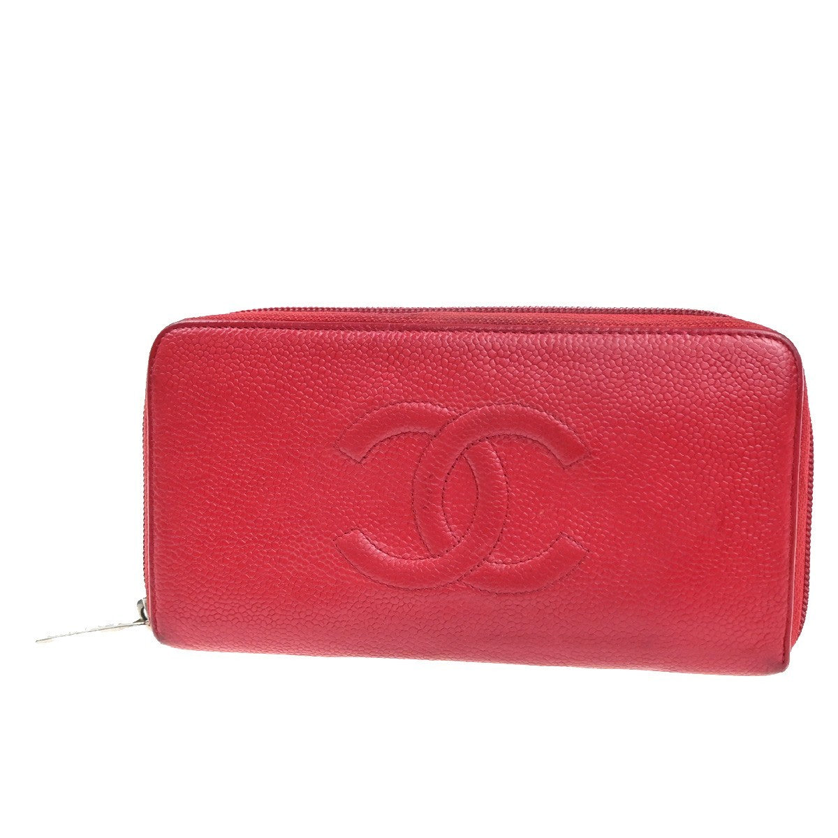 CHANEL CC Logo Zipper Around Wallet Grained Calfskin Leather Red SHW 35KP548