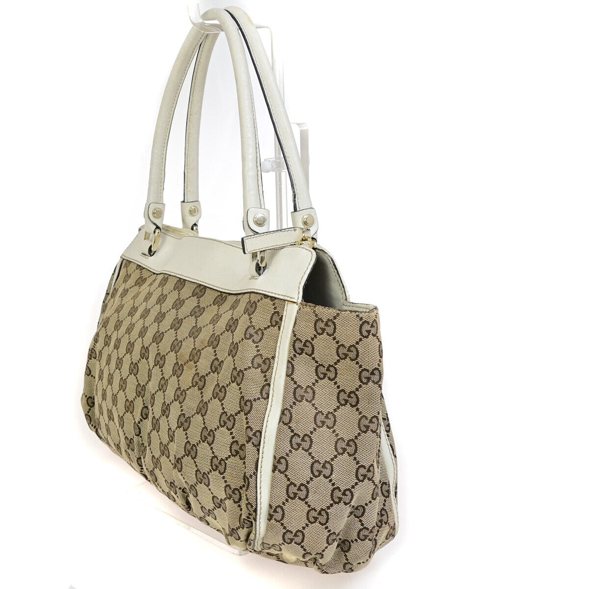 GUCCI Logo Abbey GG Pattern Shoulder Bag Canvas Leather Brown White GHW 66YG263