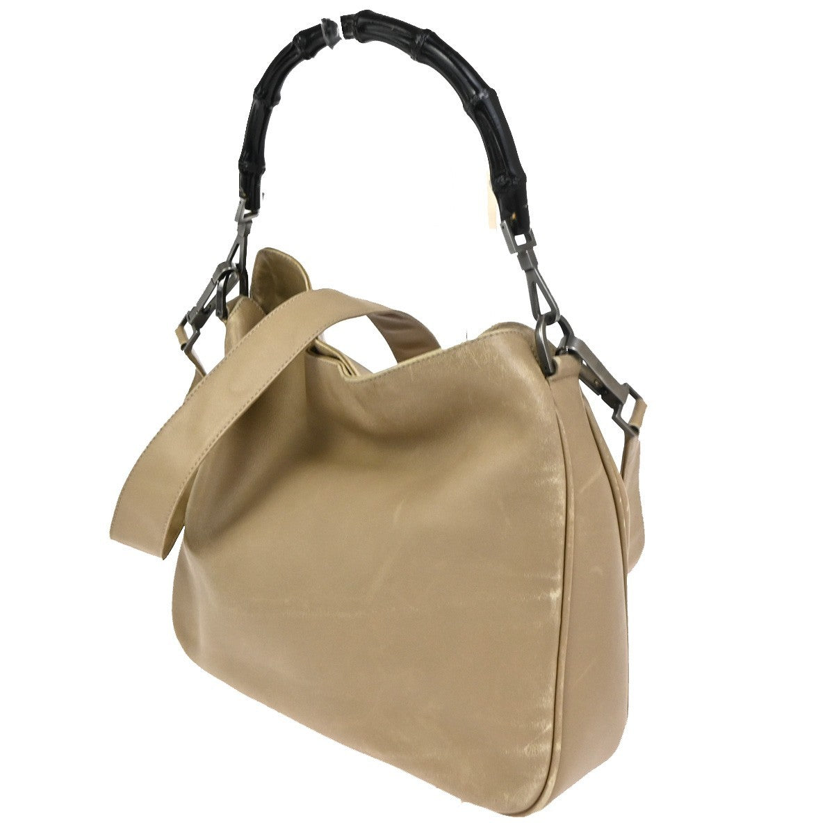 GUCCI Logo Bamboo 2Way Shoulder Hand Bag Leather Beige Italy SHW 68KC961