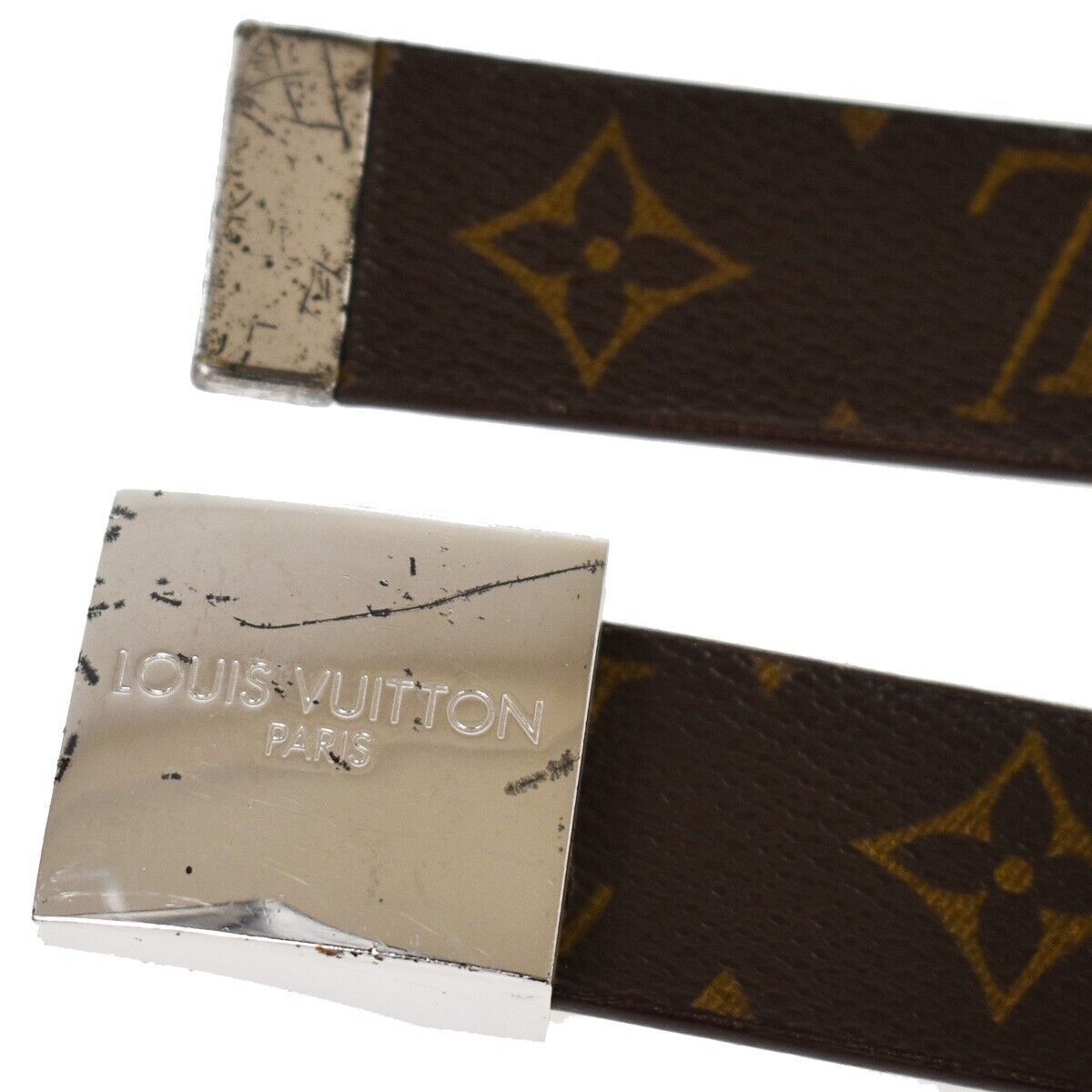 LOUIS VUITTON Ceinture Carre Belt Monogram Leather Brown Silver Spain 63YC264
