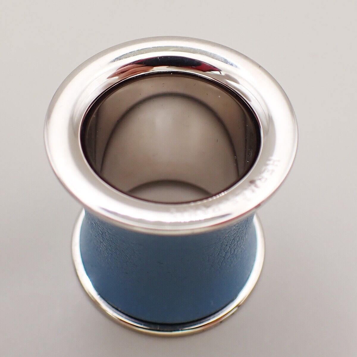 HERMES Logo Scarf Ring Leather Silver Blue Accessory 04KA476