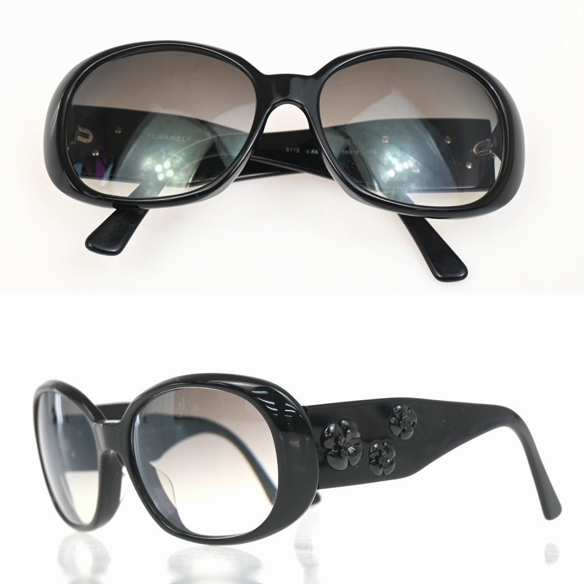 CHANEL CC Logo Camellia Sunglasses Eye Wear Plastic Black 5113 Italy 63ZA113