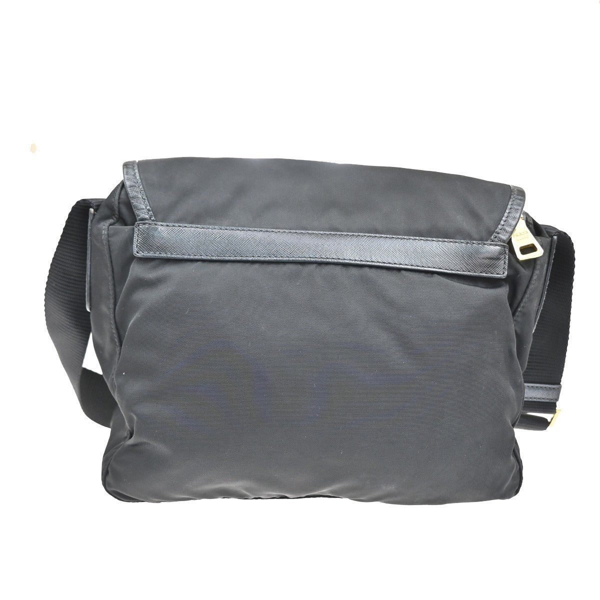 PRADA Plate Logo Tessuto Shoulder Bag Nylon Leather Black GHW Italy 33TA379