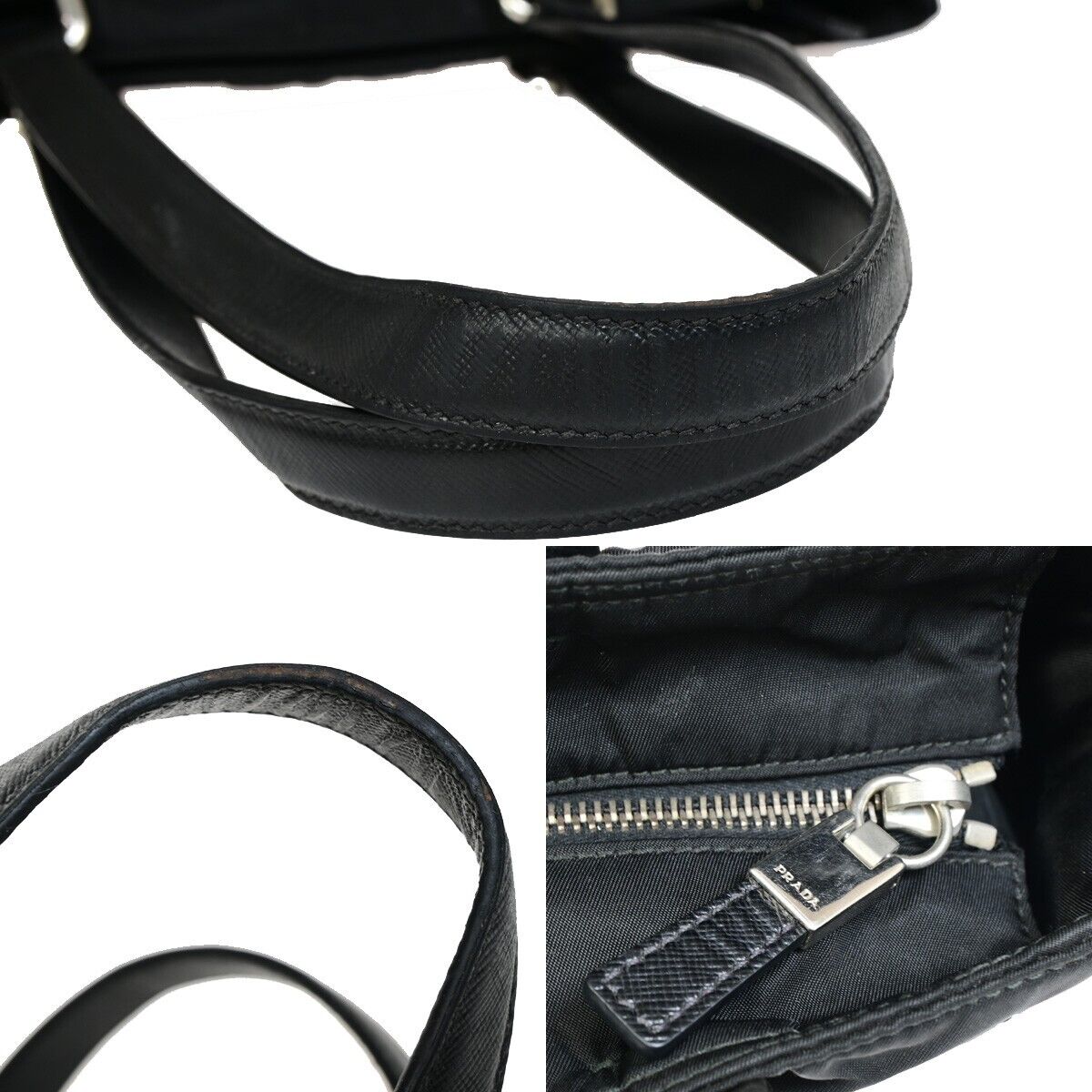 PRADA MILANO Logo Tessuto Shoulder Tote Bag Leather Nylon Black Silver 87SH931