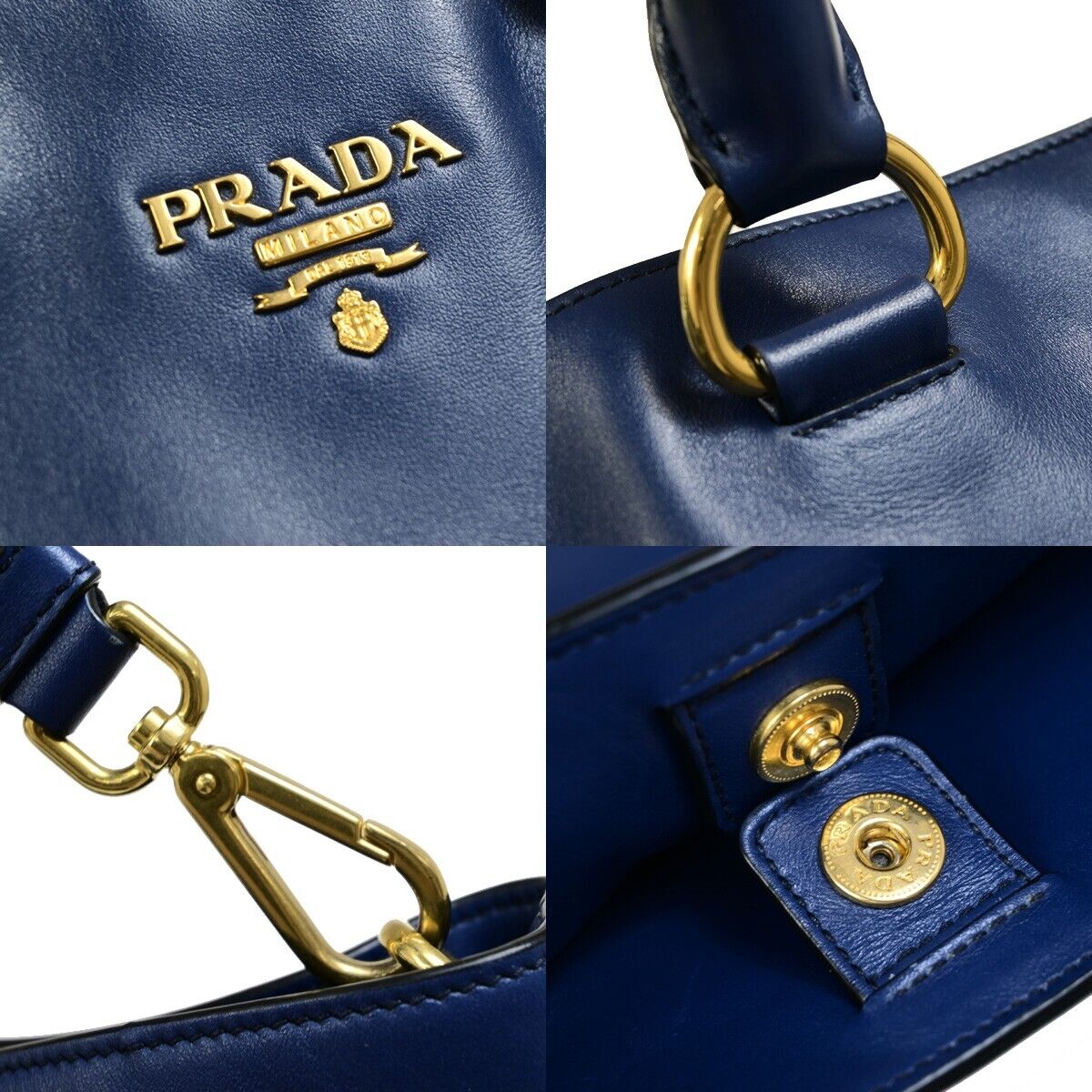 PRADA MILNO Logo 2Way Shoulder Tote Bag Leather Blue Gold-Plated 70EB366