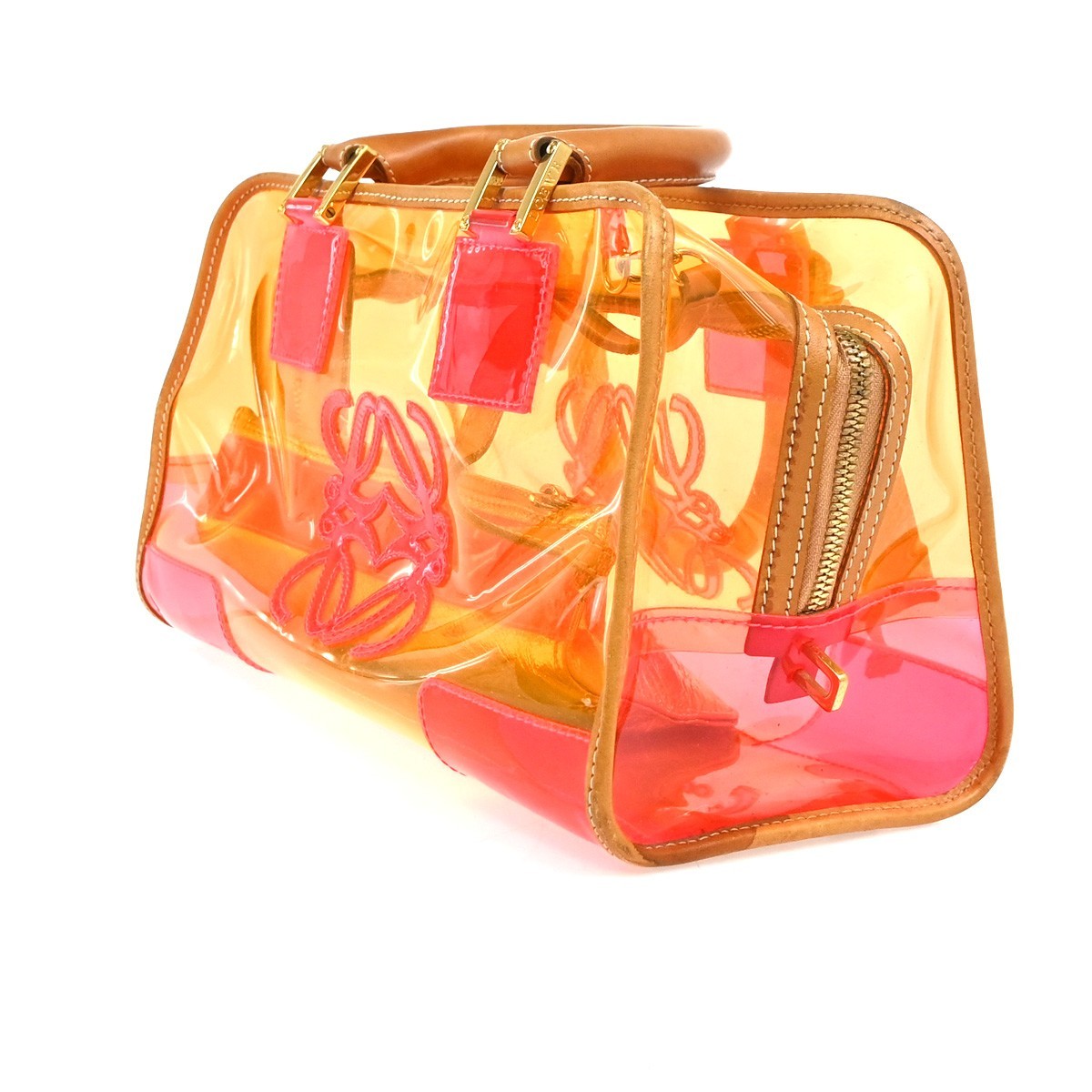 LOEWE Anagram Logo Amazona 28 Hand Bag Pouch Vinyl Leather Orange PK GHW 12RL927