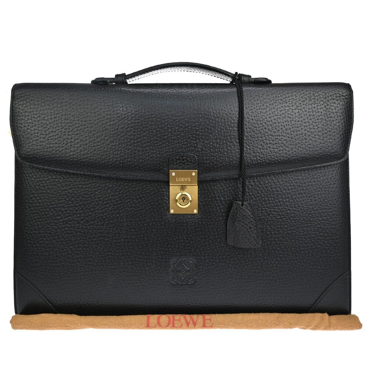 LOEWE Logo Anagram Briefcase Hand Bag Leather Key Black Gold Spain 61GA035