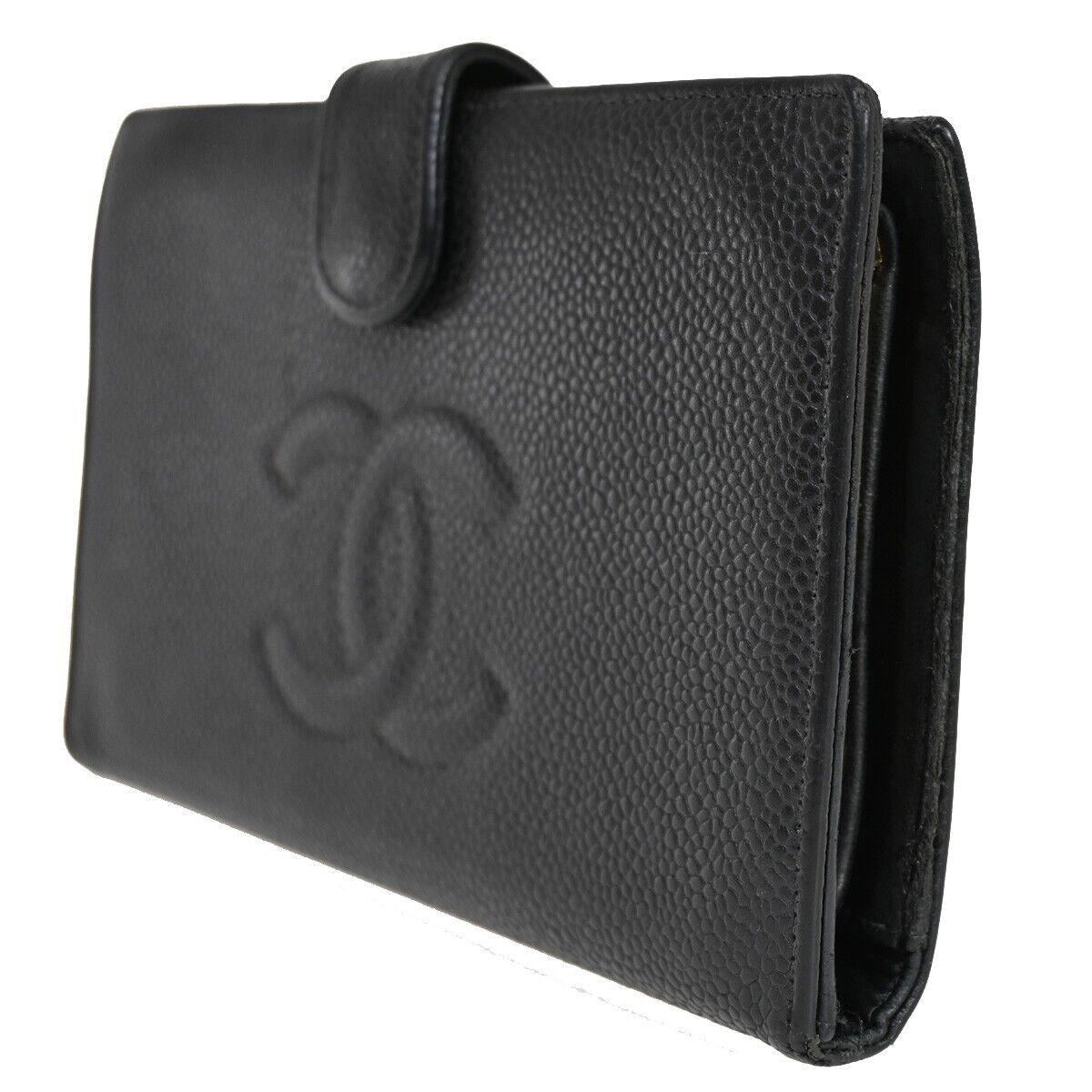 CHANEL CC Logo Long Bifold Wallet Purse Caviar Skin Leather Black GHW 34RF095