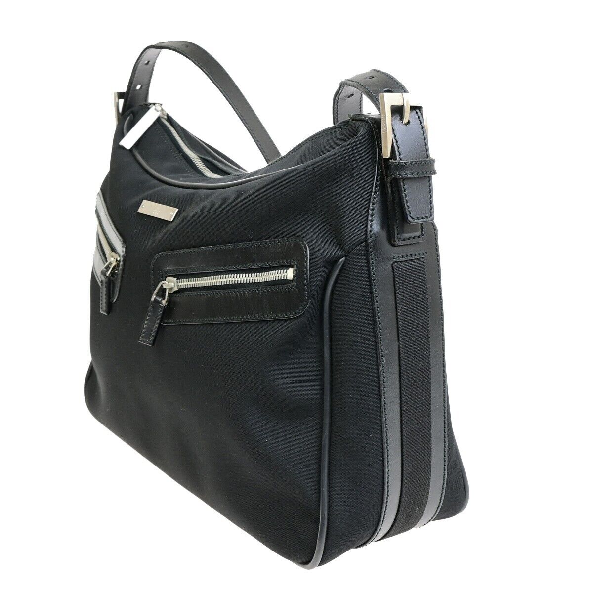 GUCCI Logo Double Pockets Shoulder Bag Nylon Leather Black SHW Italy 31FB352