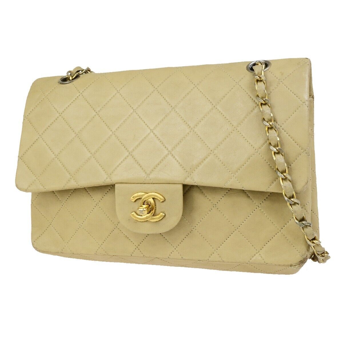 CHANEL CC Matelasse 25 Double Flap Chain Shoulder Bag Leather Beige GHW 636FB329