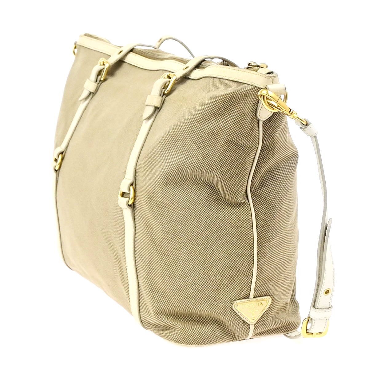 PRADA Logo Jacquard 2Way Shoulder Bag Canvas Leather Brown White GHW 84YJ274