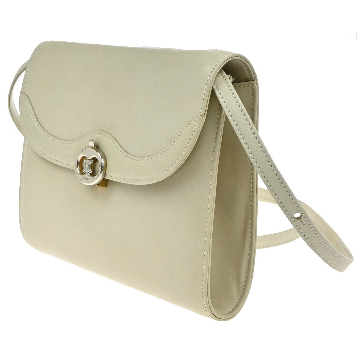 CELINE Logo 2Way Shoulder Clutch Bag Leather White GHW Italy 65KP568