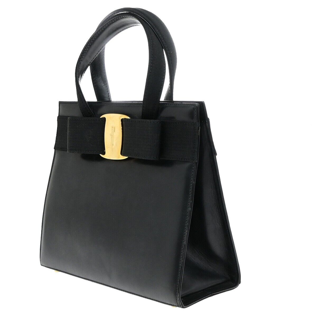SALVATORE FERRAGAMO Logo Vara Hand Bag Canvas Leather Black Gold Italy 67ED785