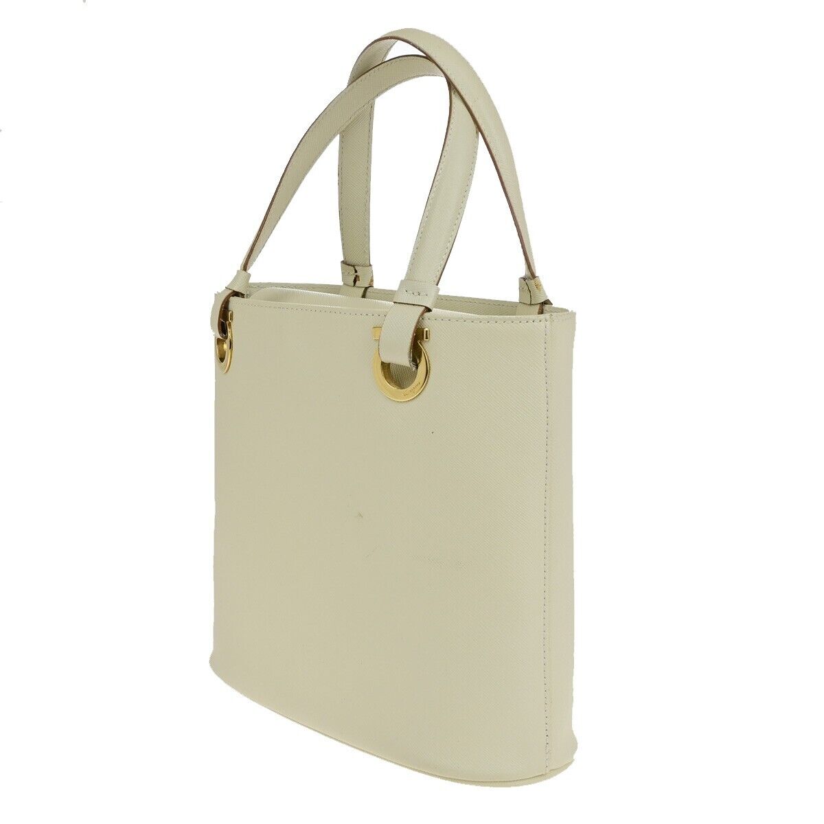 SALVATORE FERRAGAMO Logo Gancini Hand Bag Leather White Gold Italy 68SJ152