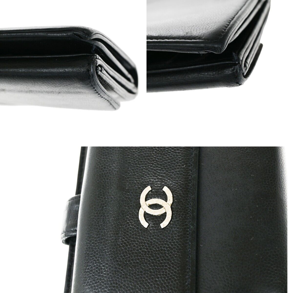 CHANEL CC Logo Falp Bifold Long Wallet Grained Leather Black SHW 35RK678