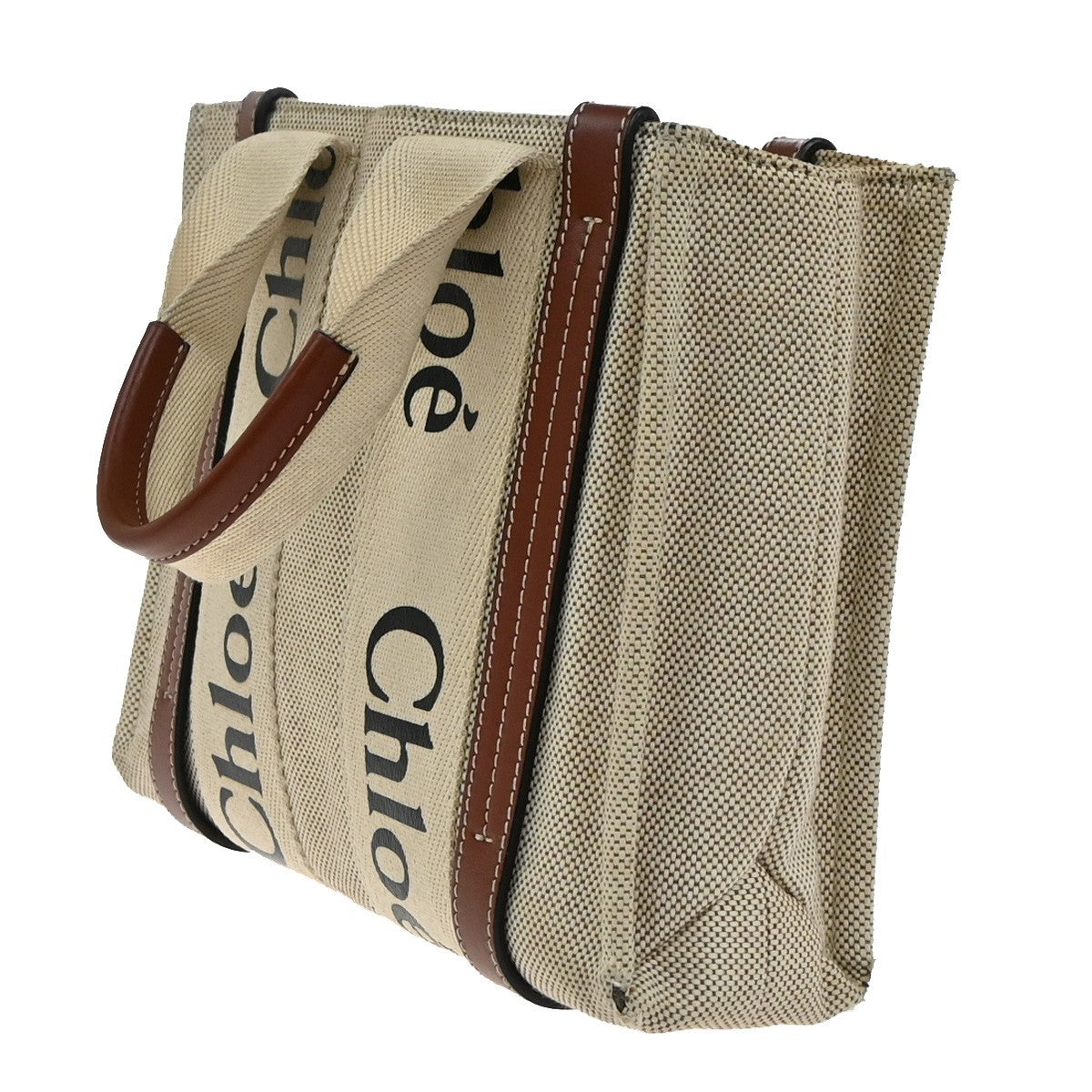 CHLOE Logo Woody Small Hand Tote Bag 100% Cotton Leathr Beige Italy 30KP573