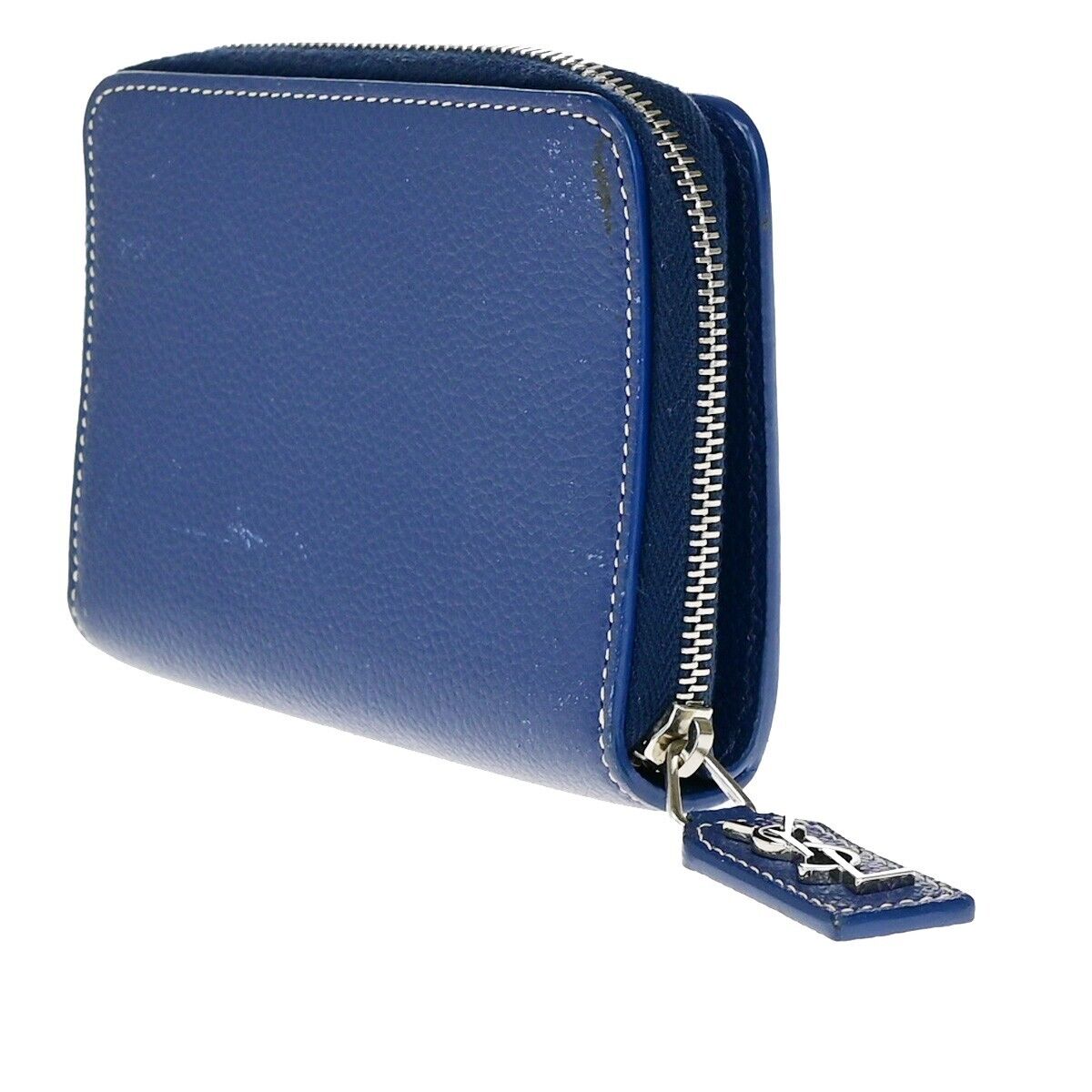 SAINT LAURENT Logo Bifold Wallet Purse Leather Blue SHW Made in Italy 65EB003