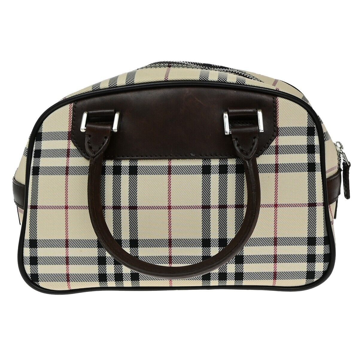 BURBERRY Logo Nova Check Hand Bag Canvas Leather Beige Brown Silver 38ED684