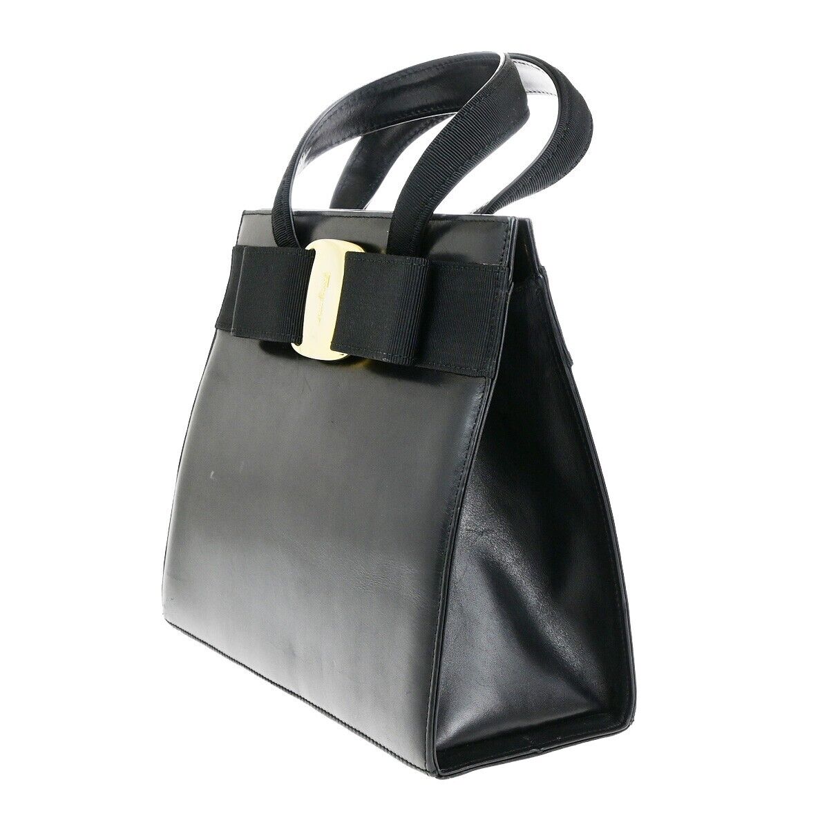 SALVATORE FERRAGAMO Logo Vara Hand Bag Canvas Leather Black Gold Italy 62EC294