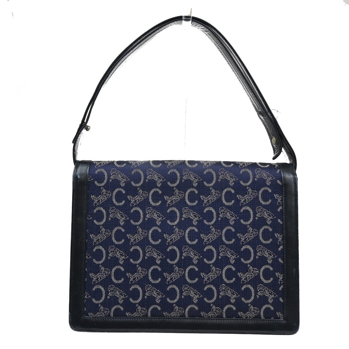 CELINE Logo C Macadam Horse Carriage Shoulder Bag Canvas Leather Navy 31CA386