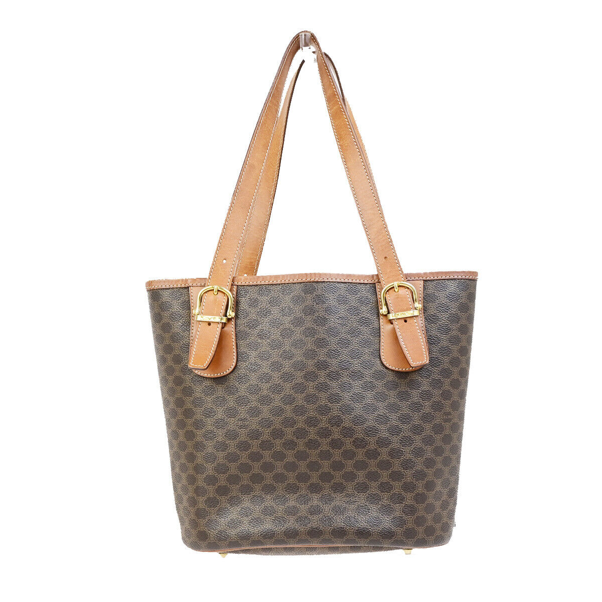 CELINE Logo Macadam Pattern Shoulder Tote Bag PVC Leather Brown GHW 67YG537