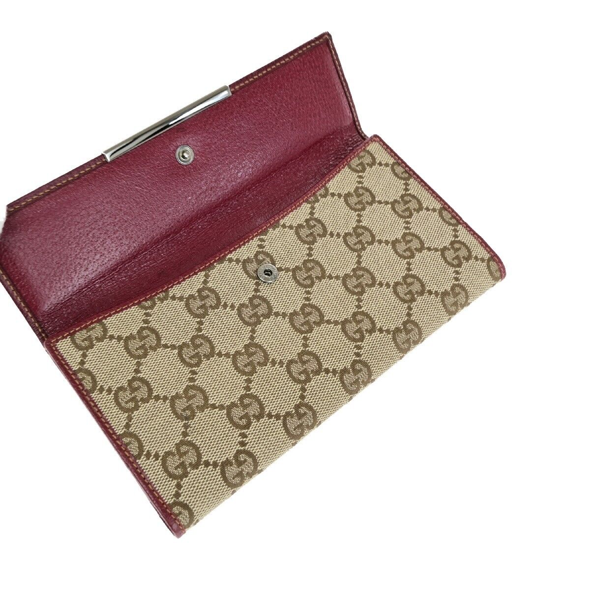 GUCCI Logo GG Pattern Long Bifold Wallet Canvas Leather Brown Bordeaux 88EB467
