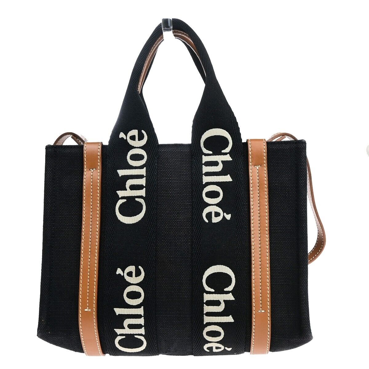 CHLOE Woody Tote Shoulder Hand Bag 2Way Canvas Leather Black Italy GHW 84HC081